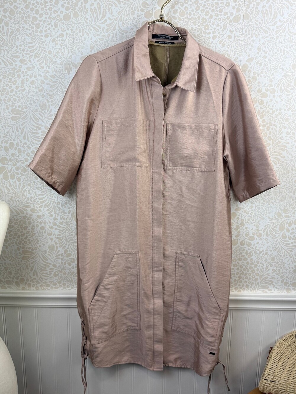Scotch & Soda Tomboy Fit Pink Metallic Safari Shirt Dress - Size - Small - Picture 3 of 11